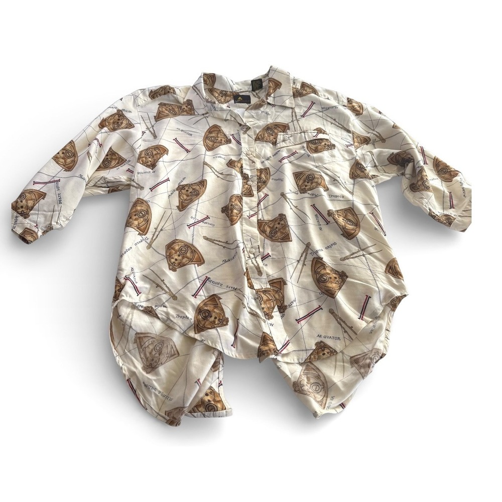 Vintage Liz Sport Nautical Map Print‎ Button Shirt Petite M